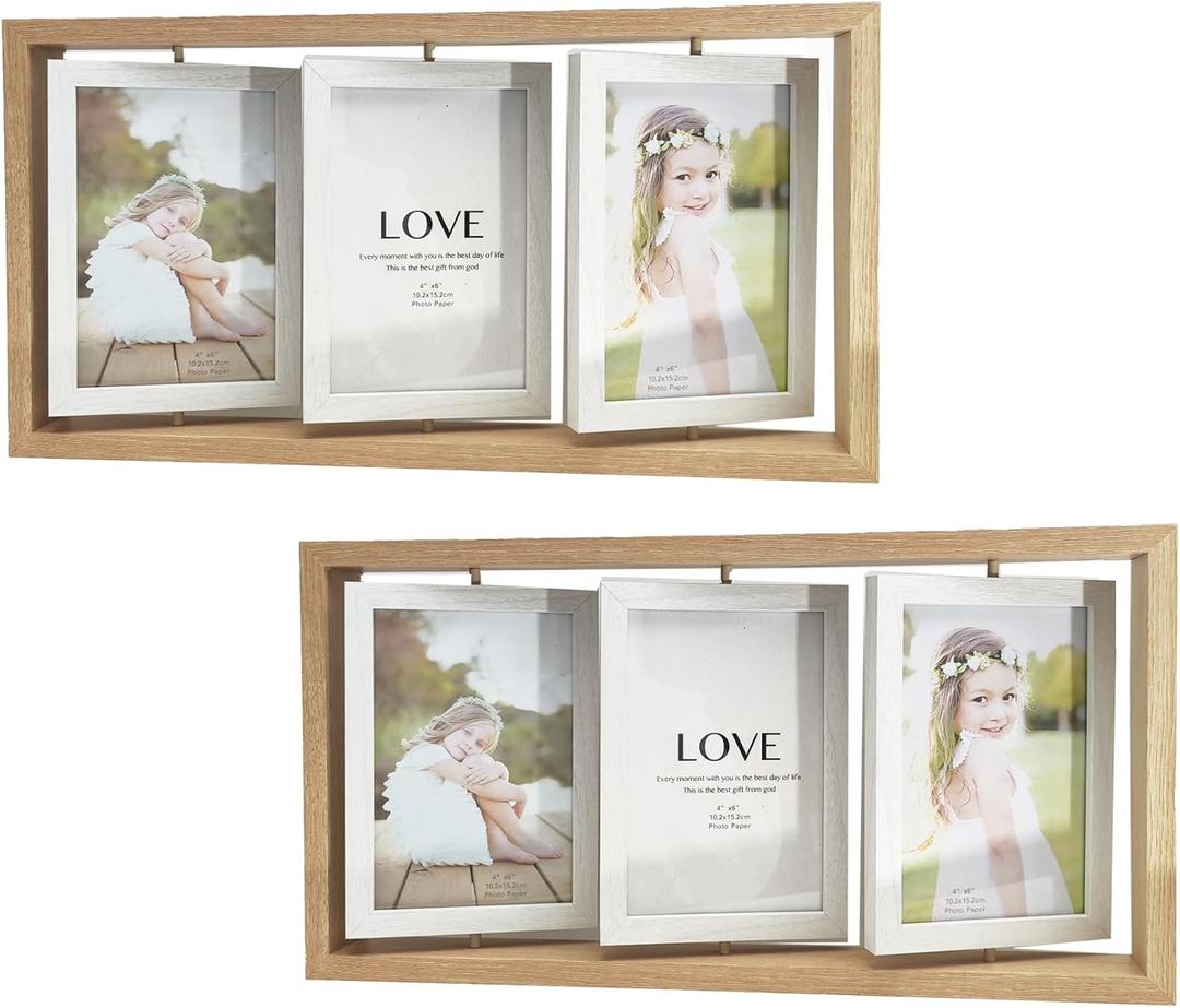 2-Pack 4x6 Rotating Photo Frame Rustic Wooden Picture Frames, Double Side-Display 6 Photos, Floating Photo Frame Family Frame for Tabletop Display (NATURAL WOOD)