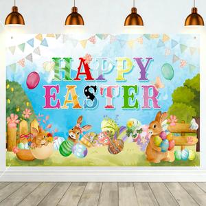 Happy Easter Photo Backdrop, Watercolor Easter Wall Decoration for Photography, Spring Bunny Banner with Colorful Egg Flowers Balloons for Party Decor & Supplies, 7143''