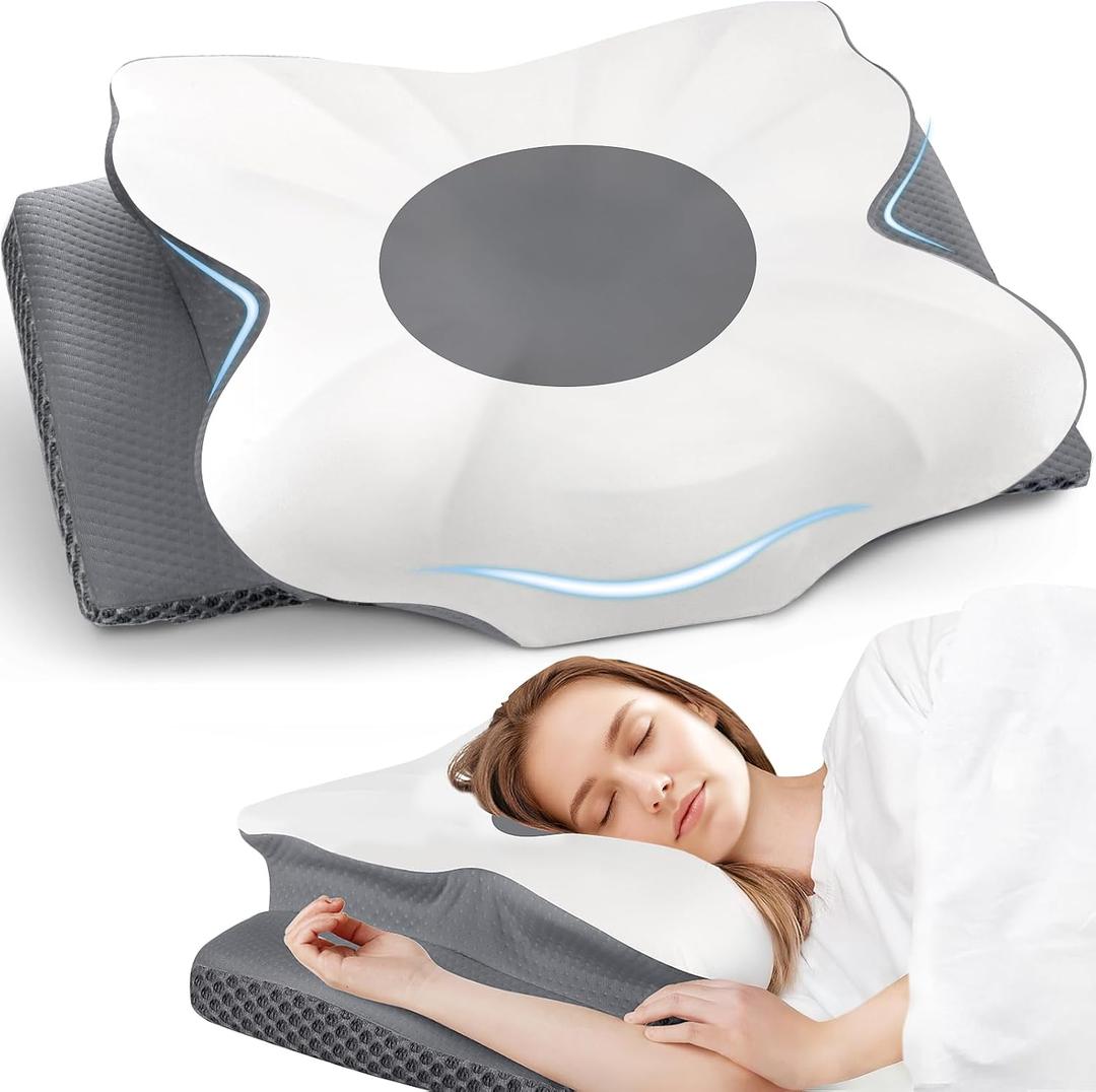 Cervical Neck Pillow - Neck Pain Relief, Queen Size | Low-profile memory foam contour bed pillow for neck & shoulder comfort. Cooling, washable cover. For side & back sleepers