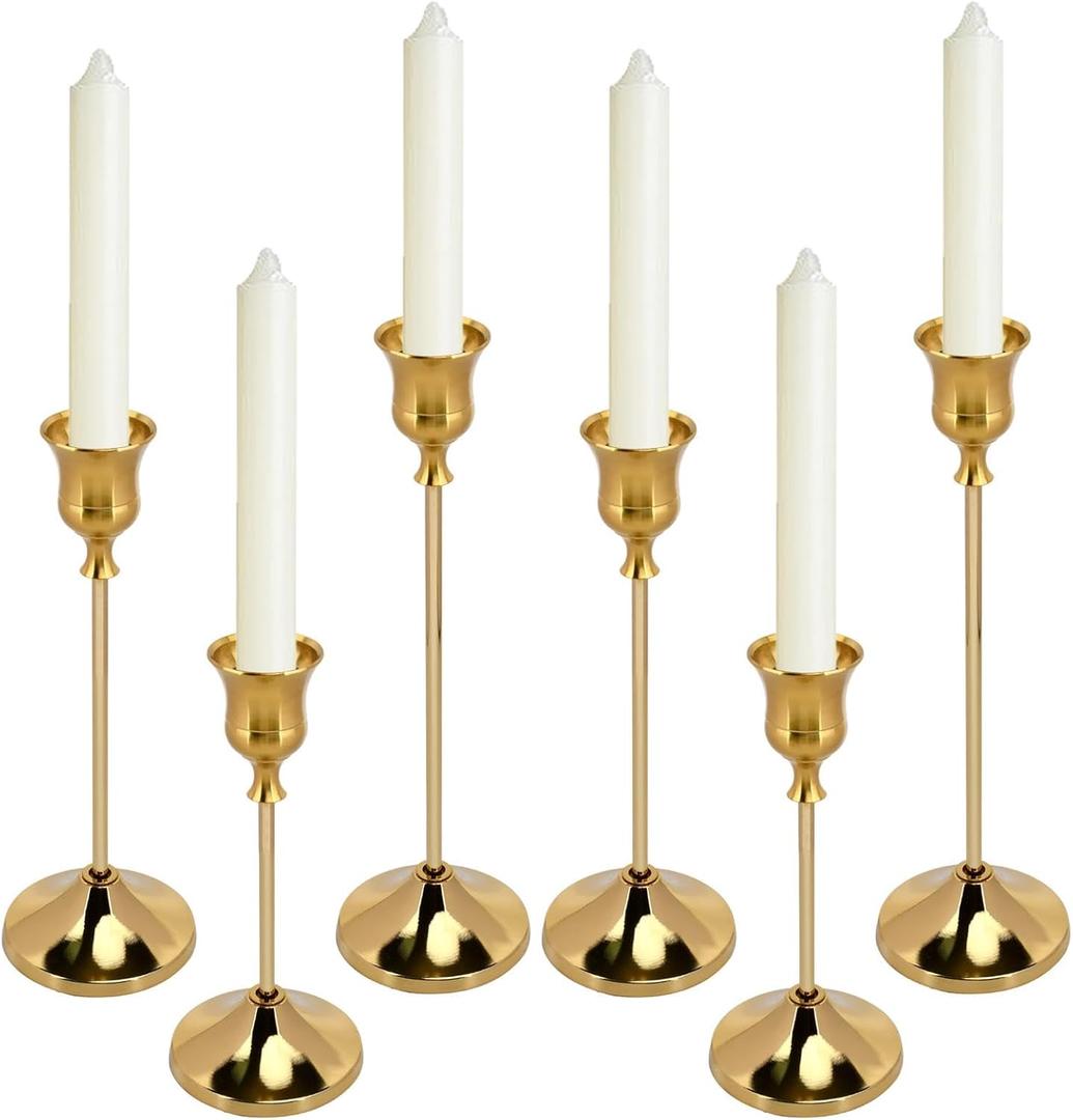 Gold Candlestick Holders Set of 6, 3 Heights Metal Taper Candle Holders with Wide Base and Non-Slip Pads, Detachable Vintage Candle Stick Holders for Table Centerpieces, Wedding and Holiday Decor