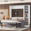 Full Size Murphy Bed Wall Bed with Sofa and Storage Shelves, White