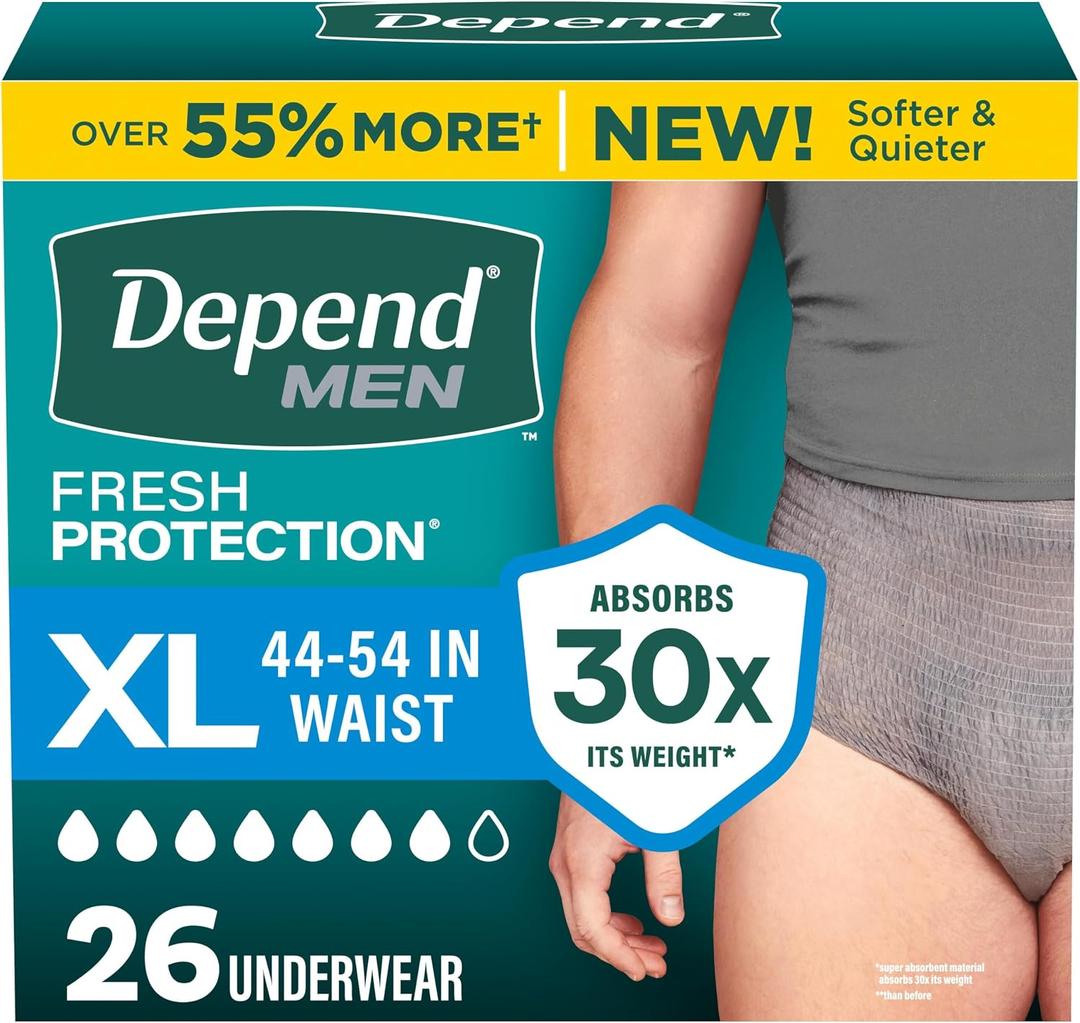Depend Fresh Protection Adult Diapers, Incontinence Underwear for Men, Disposable, Maximum, Extra-Large, Grey, 26 Count
