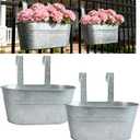 Balcony Galvanized Hanging Planters Railing Flower Pots, Outdoor Metal Fence Planter Pot with Detachable Hooks Drain Hole for Garden Patio Yard Decor (12 Inch, 2Pcs)