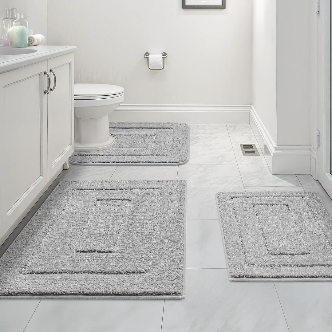 GRANNY SAYS Bathroom Rugs Sets 3 Piece, Super Soft Absorbent Microfiber Bath Mats Non Slip Washable, U-Shaped Toilet Rug Bath Rugs for Tub Shower (Grey, 16" x 24" + 20" x 32" + U Shaped 20" x 24")