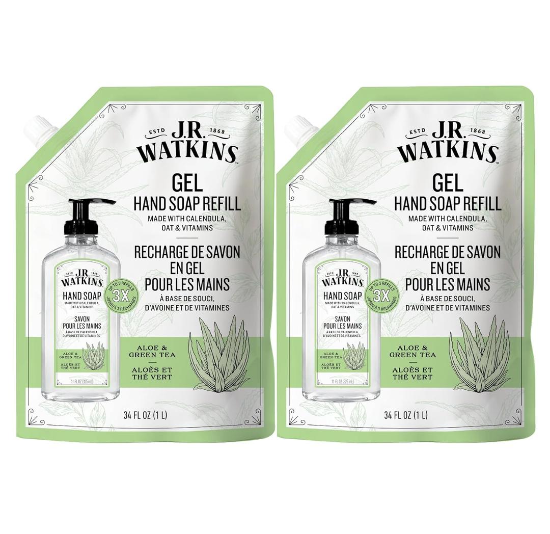 J.R. Watkins Gel Hand Soap Refill, Moisturizing Hand Wash, Formulated with Plant-Based Cleansers, Alcohol-Free, Cruelty-Free, Aloe & Green Tea, 34 Fl Oz, 2 Pack