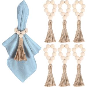 57 Pieces Wooden Bead Napkin Rings, Farmhouse Stretchable Napkin Rings with Tassel Boho Napkin Ring for Dining Table,Wedding Decoration (Nature)