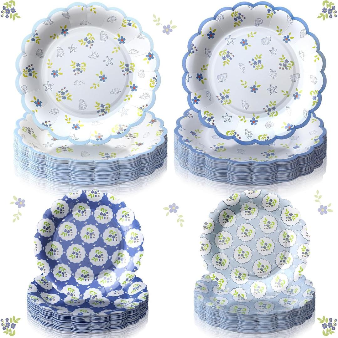 Pickmesh 100 Pcs Blue Coastal Round Paper Plates, Small plates diameter about 7 inches