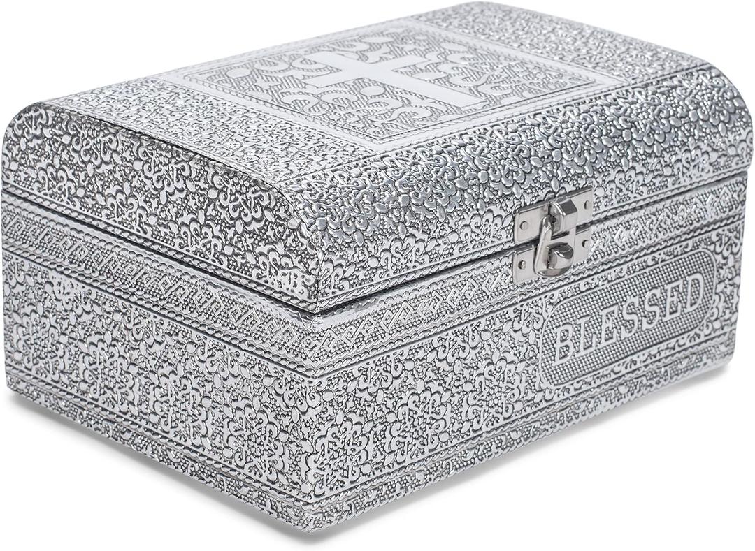 Cottage Garden Blessed Silver Tone Metal Stamped Round Top Trunk Keepsake Box