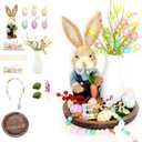 [Tray Included] 16 Pcs Easter Day Decor Set, Bunny Figurine Artificial Spring Flowers Eggs Ornaments Bead Garland Table Decorations with Tray, Rustic Farmhouse Centerpiece for Table Home, Blue
