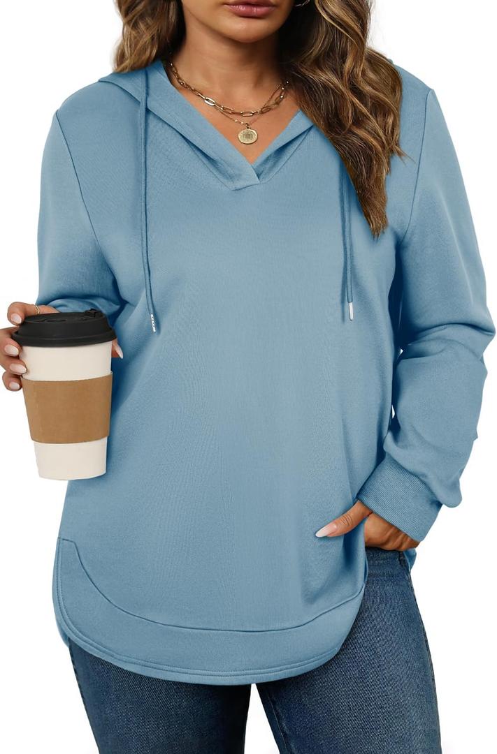 AlvaQ Womens Plus Size Sweatshirts Casual Long Sleeve V Neck Drawstring Hoodies Tops (Blue)