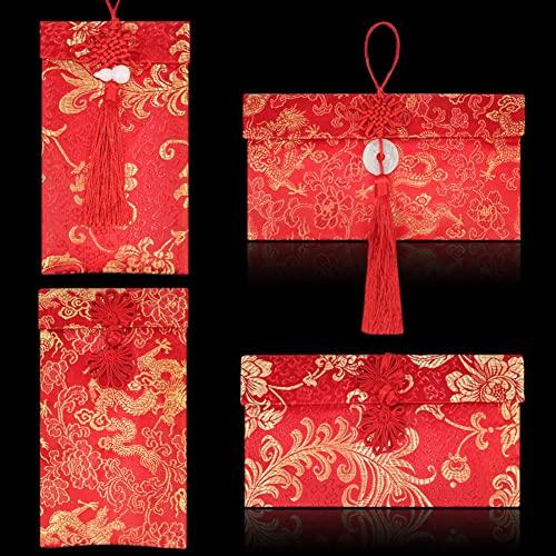 3 Pieces Silk Red Envelope Chinese Red Pocket Lucky Money Hong Bao Card Envelope for Spring Festival Wedding New Year Birthday, 3 Styles with Chinese Knot Jade Pendant Copper Coin (3)
