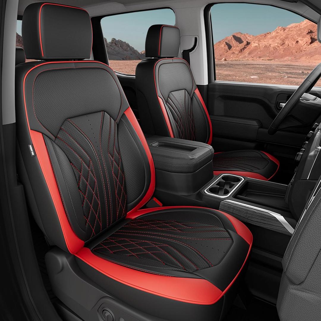 for Chevy Silverado GMC Sierra Waterproof Seat Covers, Crew Cab 1500 2019-2026, 2500HD 3500 HD 2020-2026, Pickup Protectors Accessories Full Set, Black Red