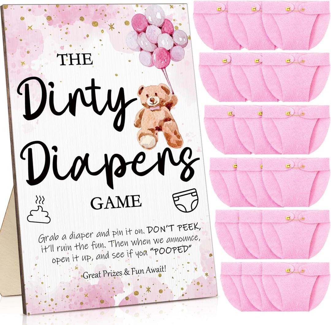 Roowest 51 Pcs Dirty Diaper Baby Shower Games Funny Wooden Sign with 50 Pcs Mini Diapers Cute Felt for Gender Reveal Party Baby Shower(Pink Bear)
