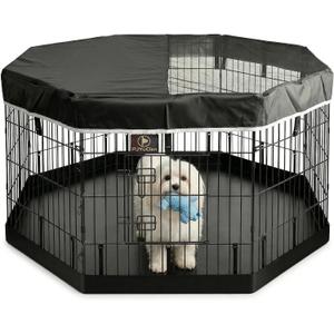 PJYuCien Dog Playpen with Top Cover and Bottom Pad - Metal Foldable Exercise Pen, 8 Panels 24" H x 24" W Indoor Outdoor Pet Fence Puppy Crate Kennel, Black