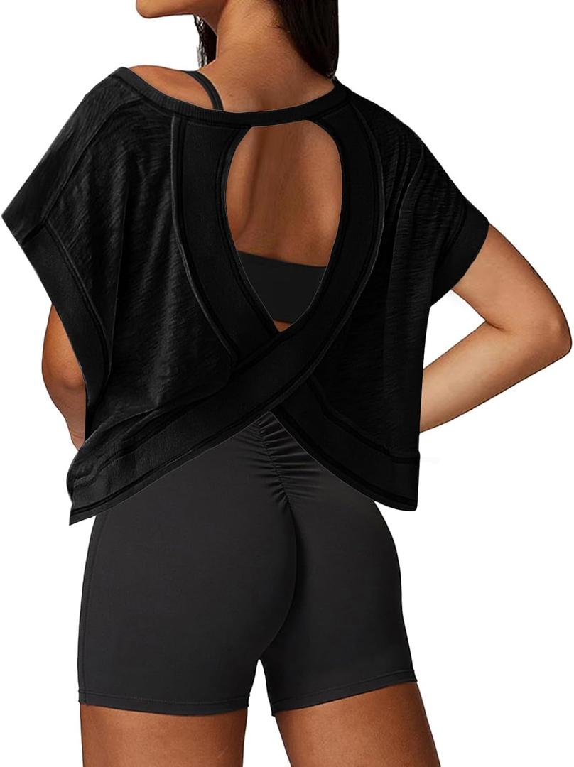 Open Back Workout Tops for Women Loose Fit Athletic Crop Tee Short Sleeve Gym Running Yoga Shirt (Medium, Black)