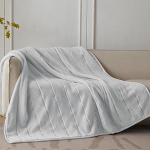 Faux Fur Quilt Twin Blanket for Couch, 480GSM Fuzzy Soft and Warm Coverlet Light Weight Quilted Blanket for Sofa, Chair, Bed, Bedroom, 60x80 Inches,Light Grey Stripe