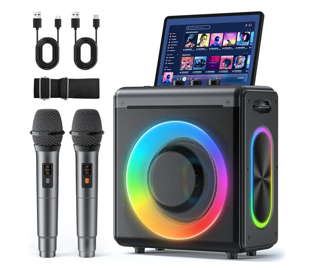 Karaoke Machine with 2 Wireless Rechargeable Microphones: Portable Bluetooth Speaker for Adults & Kids - PA System with Lights Supports TWS/TF Card/USB/AUX for Home Party