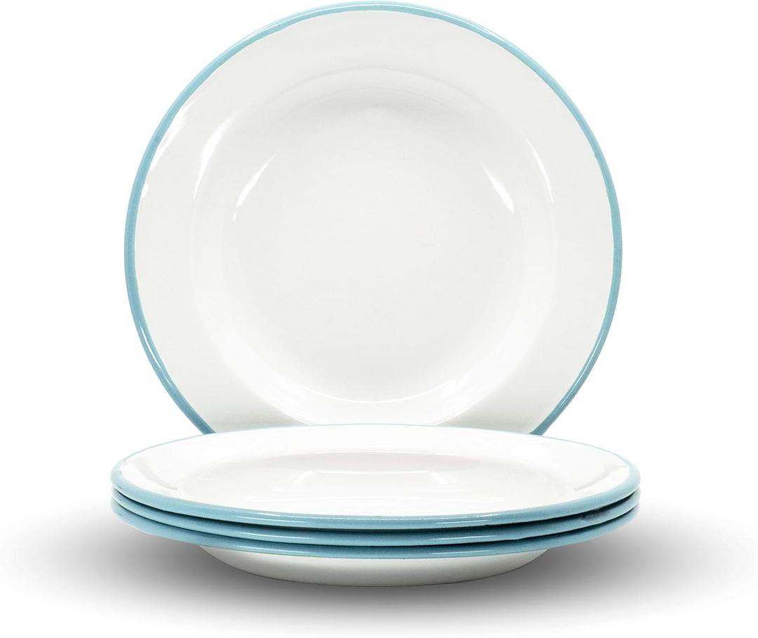 Red Co. Set of 4 Enamelware Metal Classic 8" Round Salad Plate, Solid White/Teal Rim