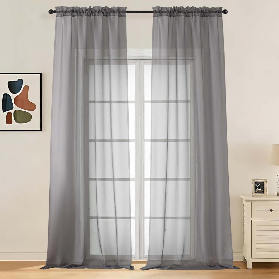 LIVEKID Grey Sheer Curtains 96 Inches Long 2 Panels - Light Filtering Breathable Voile Textured Sheer Curtains & Drapes for Bedroom/Living Room, Soft Elagant & Airy Solid Drapes, W42 x L96