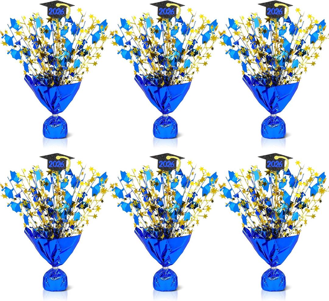 6 Pcs Graduation Table Centerpieces, Blue and Gold Graduation Table Decorations 2026 Metallic Foil Spray Grad Tabletop Centerpiece Star Burst Glitter Graduate Cap Class of 2026 Graduation Party Favors
