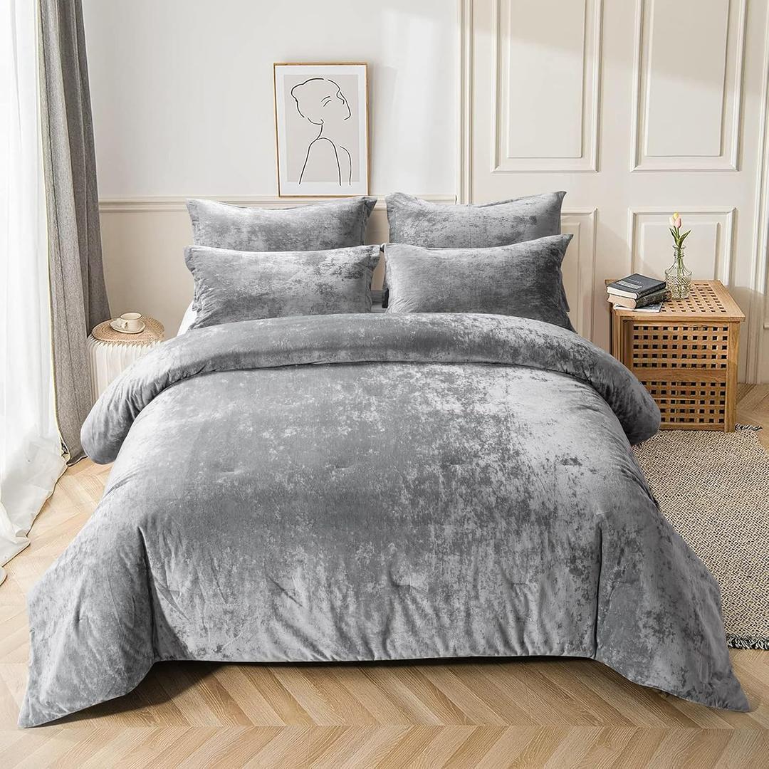 Fredsure Distressed Velvet Comforter Set, 5 Pieces Light Grey King, Distressed Velvet Face and Brushed Microfiber Reverse