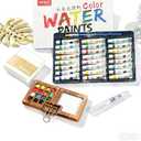 Mini Watercolor Paint Set, Mini Watercolor Travel Set with 1 Wooden 15-Grid Palette, 24 Colors Paint, 1 Sketch Books and 1 Brushes, Copper Clip and Sketchbook for Travel Painting