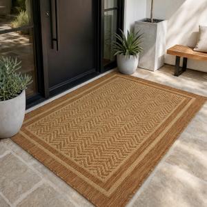 MontVoo-3x5 Outdoor Rug Porch Entryway Rug-Polypropylene Indoor Outdoor Rugs for Entryway Kitchen Balcony Patio, Textured Weave, Durable, Fade-Resistant, Non-Shedding, Boho Geometric Neutral Brown