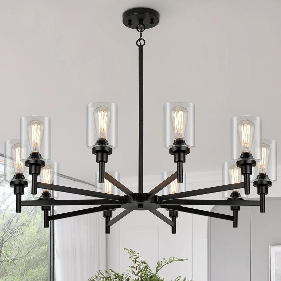 10 Light Large Black Farmhouse Chandelier | Rustic Chandeliers for Dining Room Light Fixture | Industrial Hanging Lighting with Clear Glass Cover for Living Room | Foyer | Staircase | Villa
