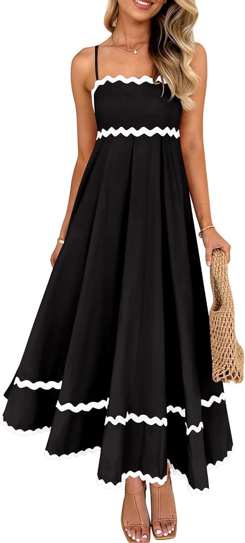 ZESICA Women's 2026 Summer Spaghetti Straps Sleeveless Backless Sundress Flowy Smocked Lace Swing A Line Midi Dress (Black, XL)