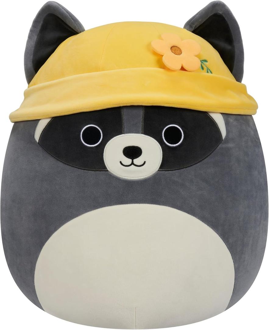 Squishmallows Original 14-Inch Rocky Grey Raccoon with Yellow Bucket Hat - Official Jazwares Large Plush