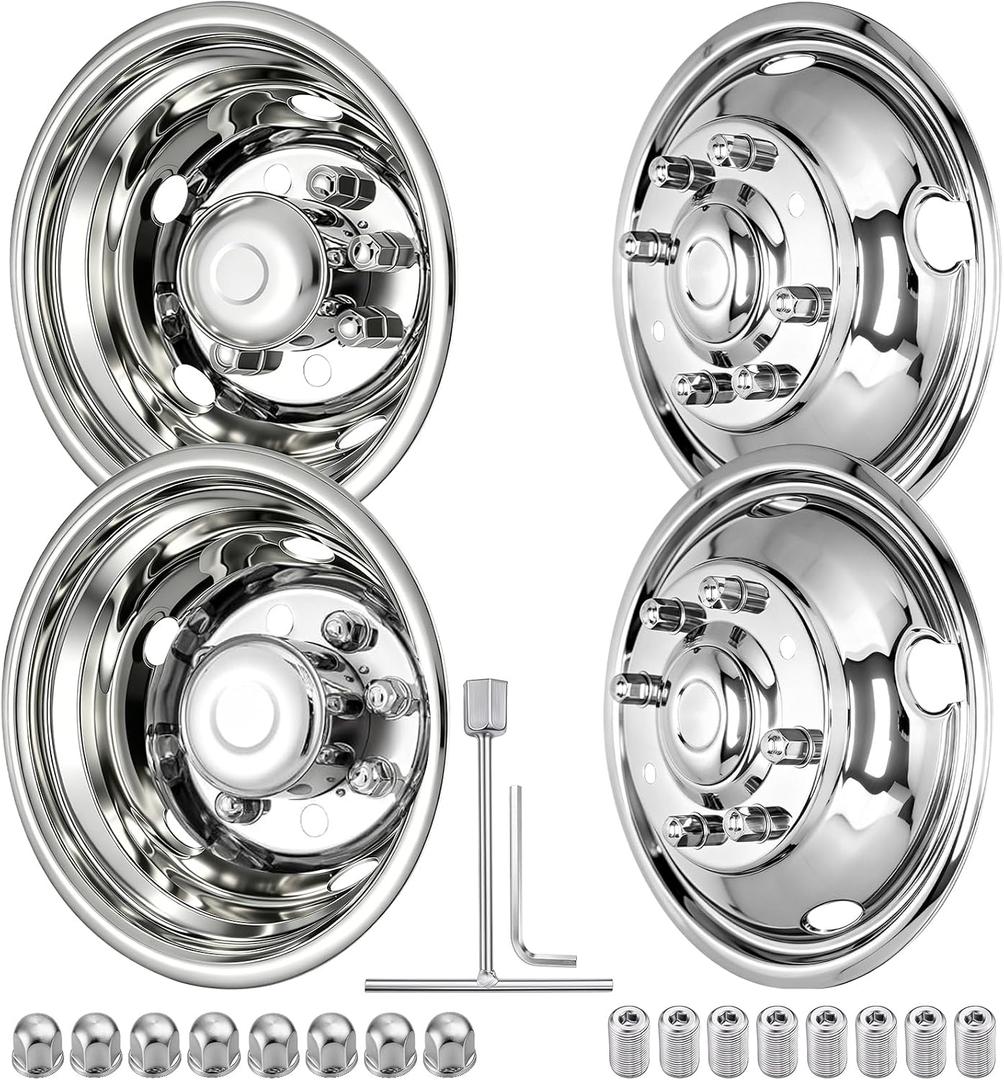 CIRONBOW 19.5" 8 Lug 5 Holes,Wheel Simulators,Stainless Steel Bolt Kit,Fit for Pick-up Trucks Vans RV Hub Caps Rim Skin Chrome Cover Parts,Trunk Dually Wheel Cover Set(2003~2004 Ford F450/F550)