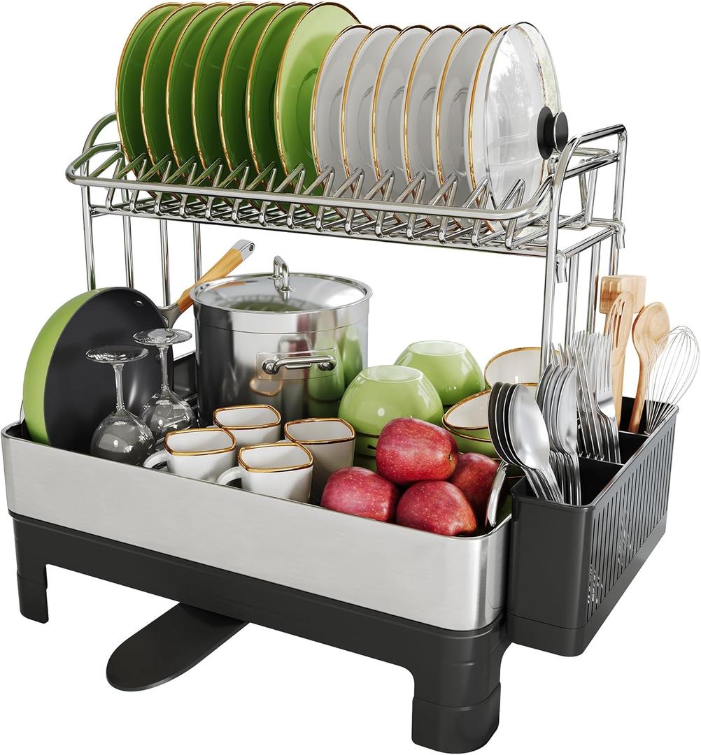 Extra Large Two Tier Stainless Steel Dish Drainer Drying Rack with Drainboard for Kitchen Counter, Modern Black and Silver, Rust Proof Metal, Space Saving Double Countertop Big Plates Dryer and Tray