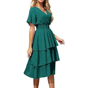 Ruffle Sleeve Wrap V Neck Midi Dresses for Women Causal Summer Smocked Waist Tiered Layered Glitter Chiffon Dress Size S