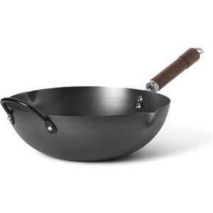 Martha Stewart Chisholm 13.5-Inch Carbon Steel Nonstick Wok, PFAS-Free Wok Pan & Flat Bottom Stir Fry Pan with Long Walnut Wood Handle & Helper Handle, Black