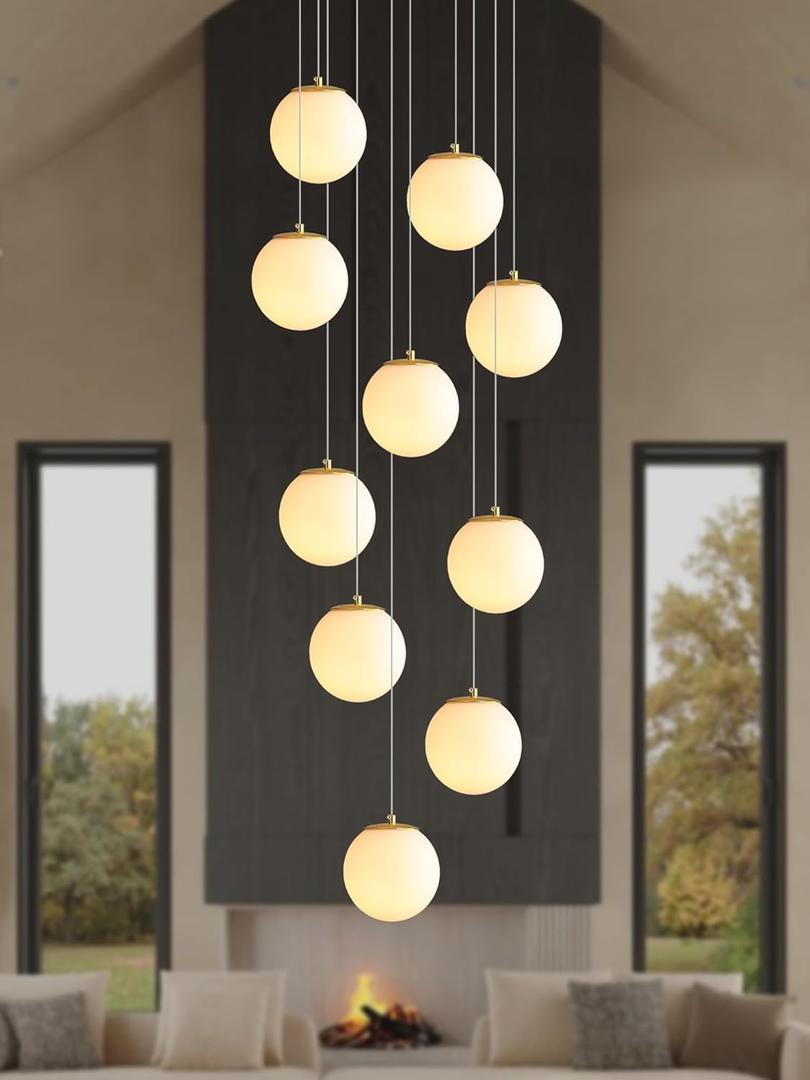ykolupty 10-Light Gold Chandelier with White Globe Glass Dimmable Ceiling Light Glass Pendant Light for Kitchen Island, Dining Room, Living Room, Entry Hallway, LED Bulbs Included