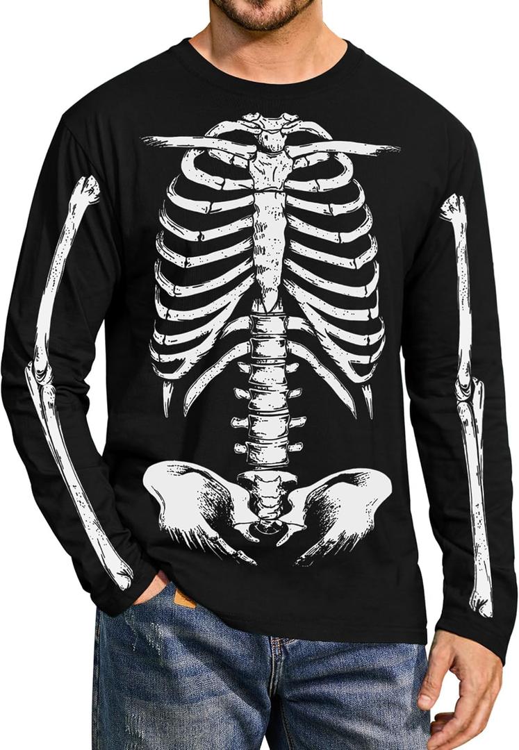 Mainfini Men's Halloween T-Shirt Skeleton Jack O' Lantern Cotton Long Sleeve Shirts (S-3XL) (Large)
