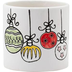 Napco Festive Christmas Ornament Ceramic - Hand-Drawn Style Holiday Plant Pot 5 Inch Tall White & Multicolor Seasonal Decor for Indoor Plants