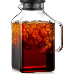 1 Gallon Square Glass Pitcher with Lid and Spout, Borosilicate Glass Carafe for Hot/Cold Drink, Water Pitchers with Handle for Fridge, Extra Large Jug for Iced Tea, Coffee, Juice, Beverage, Black 