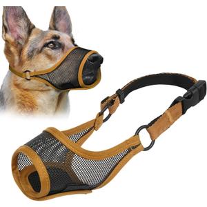 LUCKYPAW Dog Muzzle, Mesh Muzzle for Large Medium Small Dogs, Soft Mouth Guard for Biting Chewing, Breathable Mouth Guard with Adjustable Strap for Training(Brown, L(Snout:9.75"-11"))