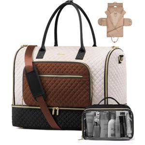 LOVEVOOK Convertible Travel Duffle Bag for Women Men, Garment Bag for Travel, Quilted Overnight Weekender Carry On Duffel Bags for Airplane, Suit Bags for Trip, Business (47L-20.5 inch-2Pcs, Black-Beige-Brown)