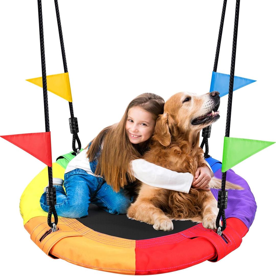 Odoland Saucer Kid Tree Swing - 900D Waterproof Oxford Platform Outdoor Round Flying Saucer Swing for Backyard with Adjustable Hanging Ropes for 12 Years Kids Color