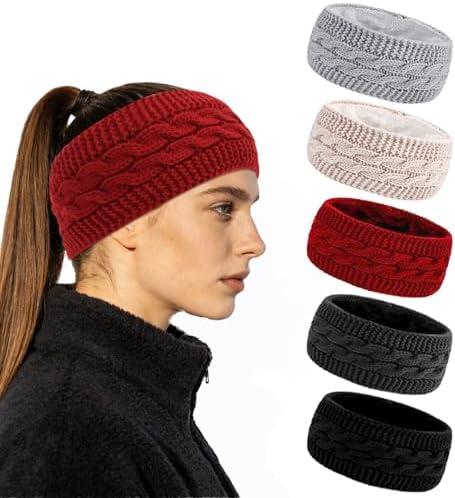 YARIEW Winter Headbands for Women Winter Ear Warmers for Women Soft Fleece Lined Headband for Adults Stretchy Thick Warm Crochet Winter Headband Fashion Hair Accessories Black Gray Red Beige