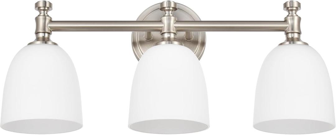 Bathroom Vanity Light, 3-Light Bathroom Light Fixtures Over Mirror, Traditional Vanity Lights for Living Room, Milk White Bell Glass Shades, Standard E26 Base, Brushed Nickel