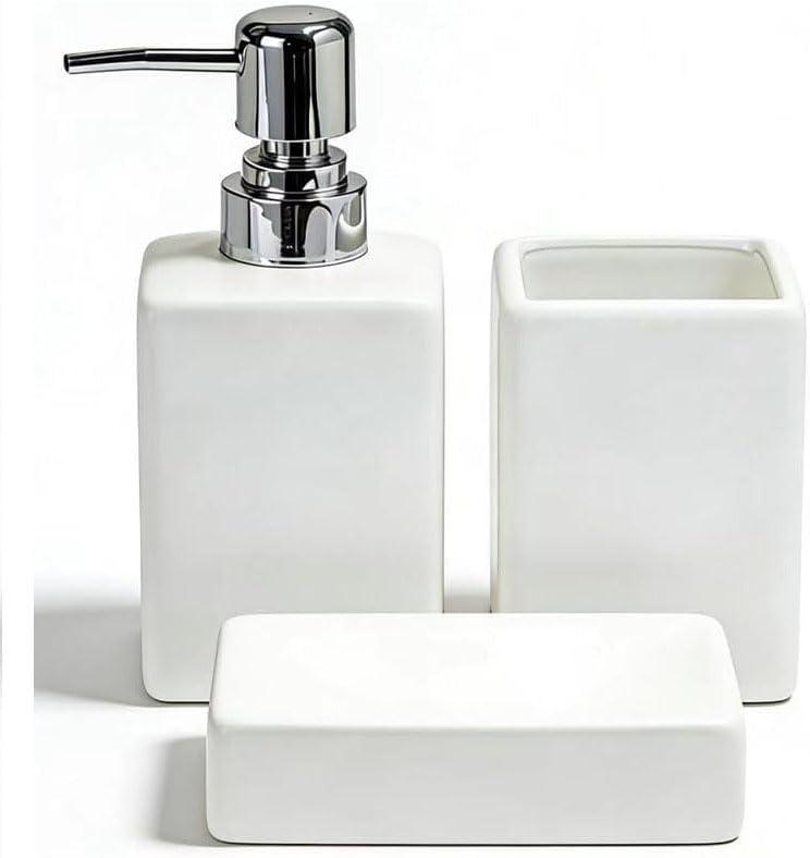 White Bathroom Accessory Set 3 Pcs,Ceramic Soap Dispenser and Toothbrush Holder Cup Soap Dish,Modern Countertop Bath Decor Set for Stylish Bathroom Organization