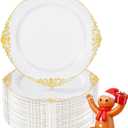 Nervure 100Pcs White and Gold Plastic Plates - 7.5inch Gold Disposable Plates - Heavyweight Plastic Dessert Plate for Wedding & Party & Christmas