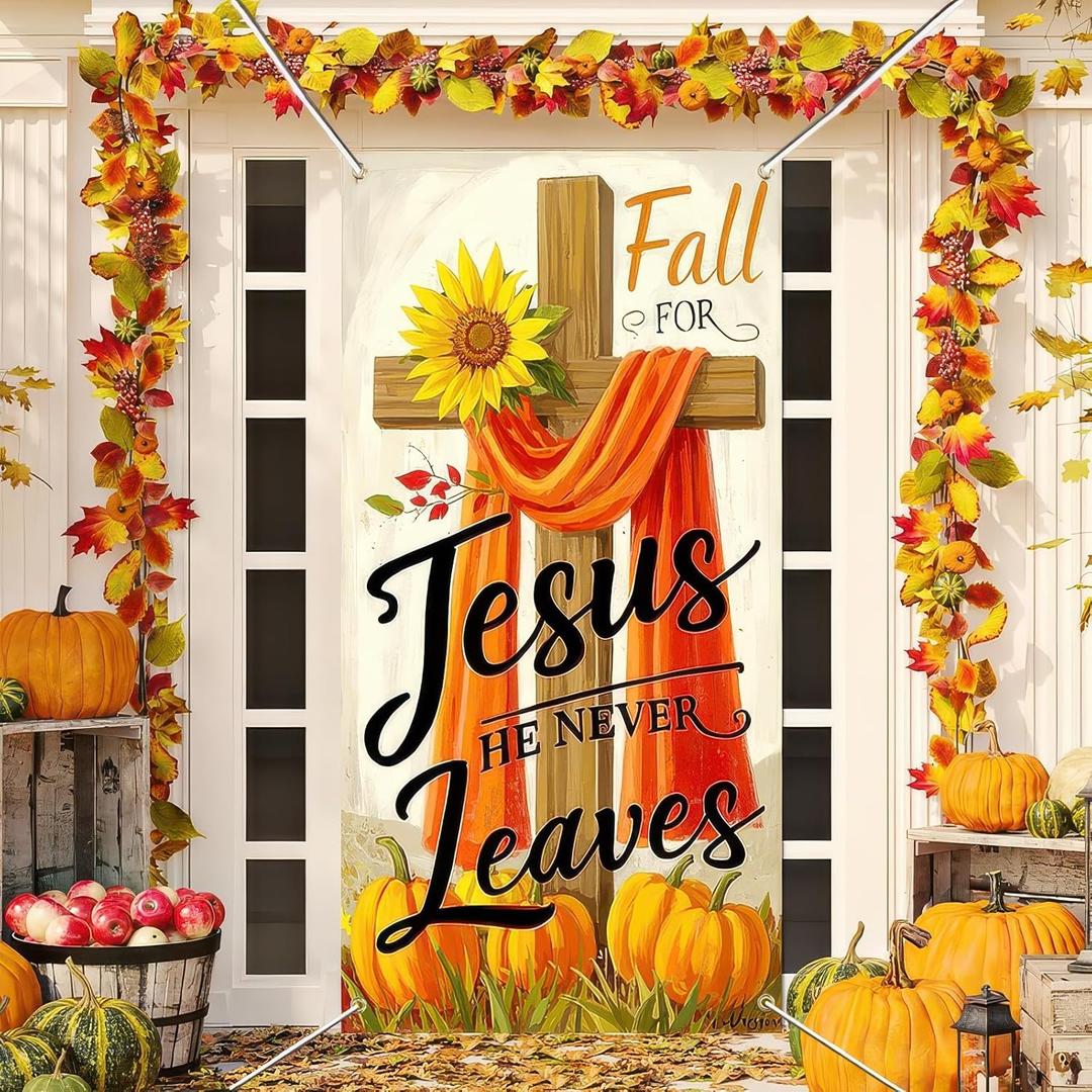 Fall for Jesus Door Cover Thanksgiving Backdrop Pumpkin Cross 71x35 Inch Christian Fall Banner for Religious Autumn Decorations Sign for Porch Wall Decor Photo Booth Props