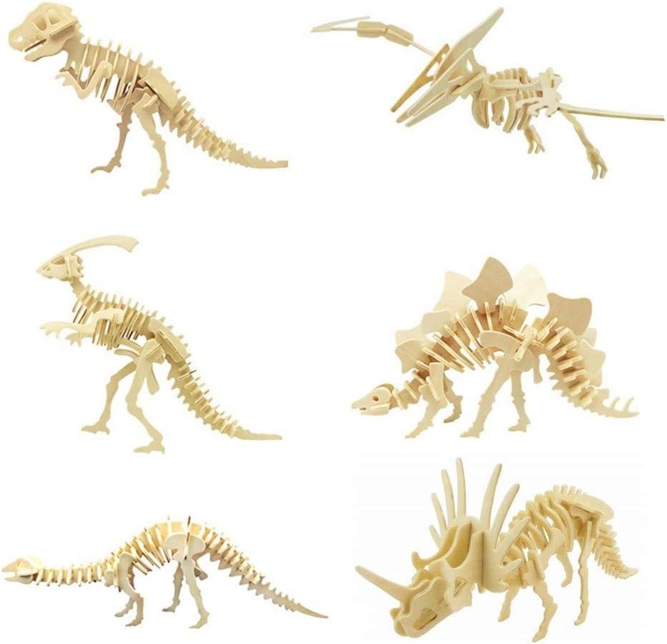 3D Wooden Dinosaur Puzzle - 6 Piece Set Wood Dinosaur Skeleton Model Puzzle - DIY Wooden Crafts 3D Puzzle - STEM Toys Brain Teaser Puzzle Gifts