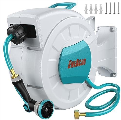 ENEACRO Retractable Garden Hose Reel with Wall Mount 1/2"×100ft with 10 Pattern Hose Nozzle, Brass Connector, Auto Rewind/Any Length Lock/ 180° Swivel Bracket, Ideal for Garden Watering