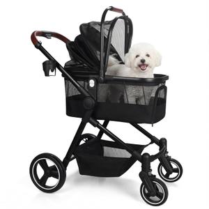Foldable Dog Stroller, 3 In 1 Pet Stroller For Small Medium Dog Cat Up To 50 Lbs, Detachble Portable Pet Bag, Storage Basket And One-Button Folding Frame (Black)