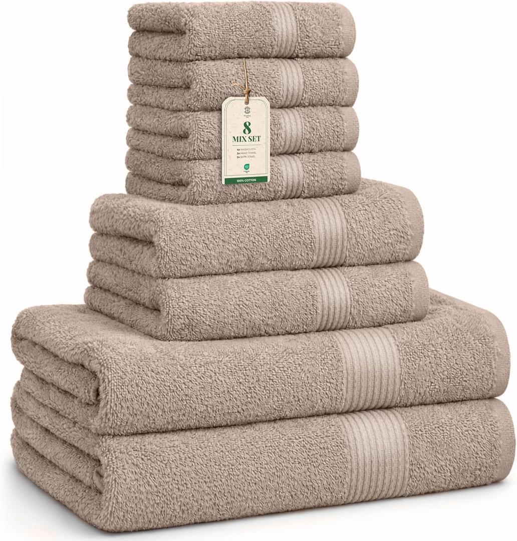 Luxe Set Washcloths (12 x 12 in), Hand Towels (16 x 28 in) & Bath Towels (27 x 54 in) 100% Cotton, Soft, Absorbent, Easy Care, Versatile, (Sand/Beige)